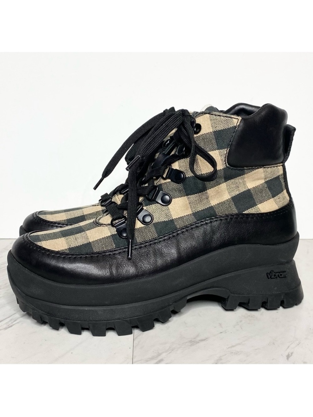 Loeffler Randall Owen Lace Up Check Chunky Hiker Boot 6.5 M